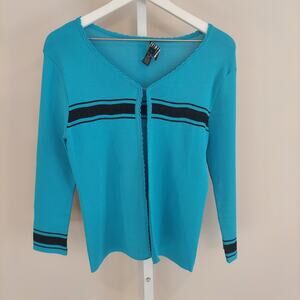 90s Y2K Teal Cardigan Vertical Stripe Beaded Accent Medium 3/4 Sleeve